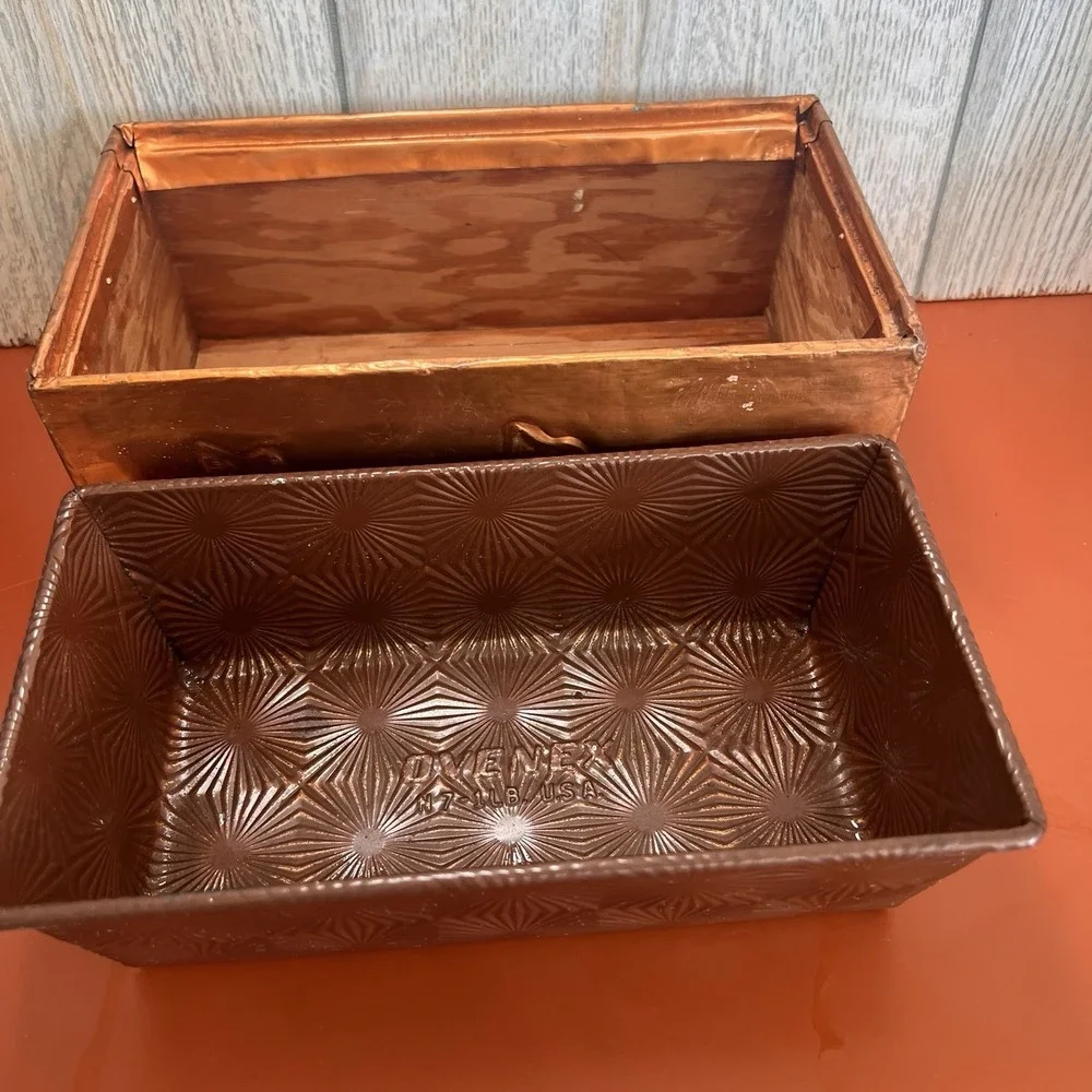 Vintage Embossed Copper Covered Wood Box Ovenex N7 pan‎ insert starburst MCM